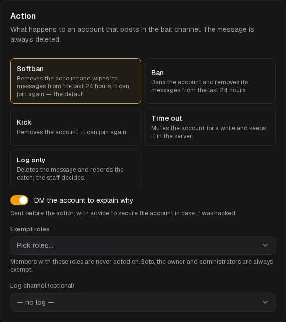 The Action card: what happens to an account that posts in the trap.
