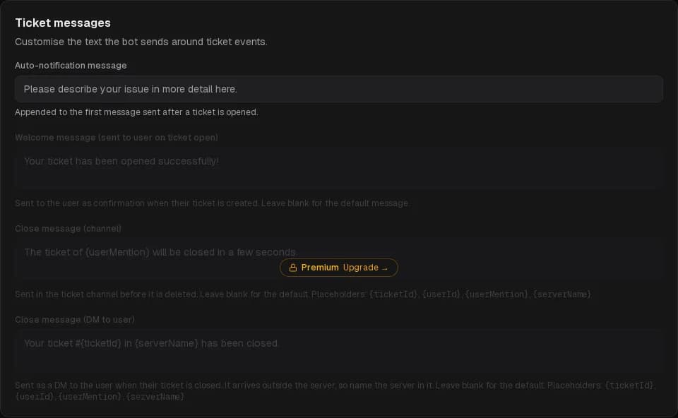 The four ticket messages, with their placeholders.