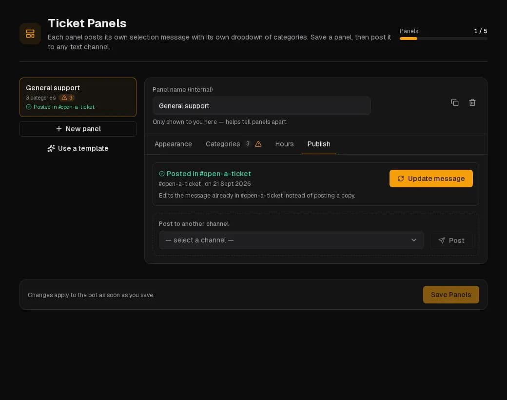 L'onglet Publier : choisir un salon, publier, ou mettre à jour le message déjà en place.
