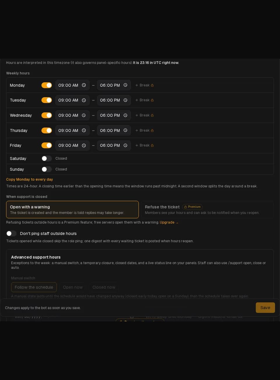 Support hours: timezone, the week, what happens when closed, and the advanced options.