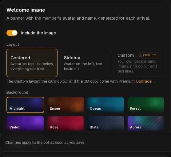 The Welcome image card and its layouts.