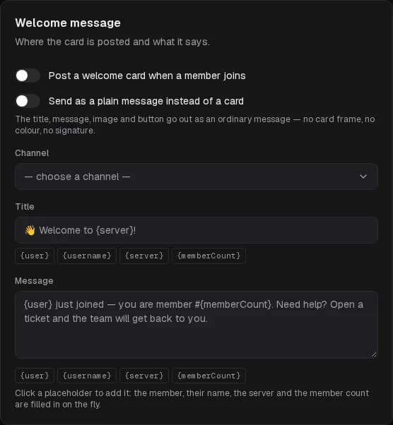 The Welcome message card.